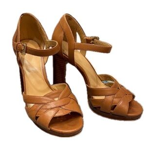 Michael Kors Tan Annaliese Platform Leather Heels in Acorn size 6.5
